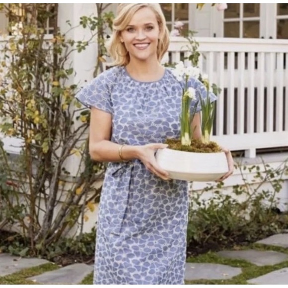 Draper James Blue Chambray Embroidered Eyelet Belted Cotton Dress - Picture 1 of 8